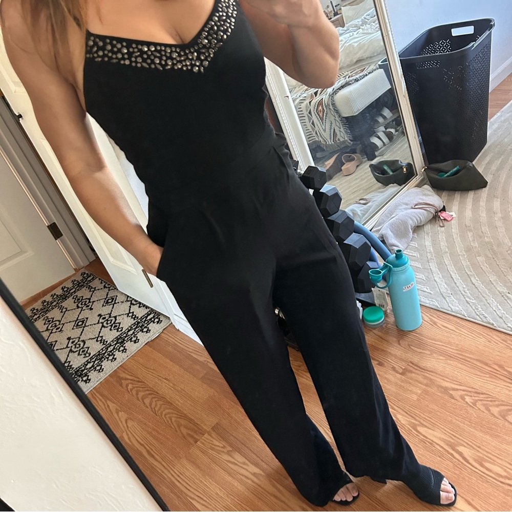 Guess black fitted flare Jumper Onesie pantsuit Jumpsuit tank silver studded 2 - Picture 8 of 11